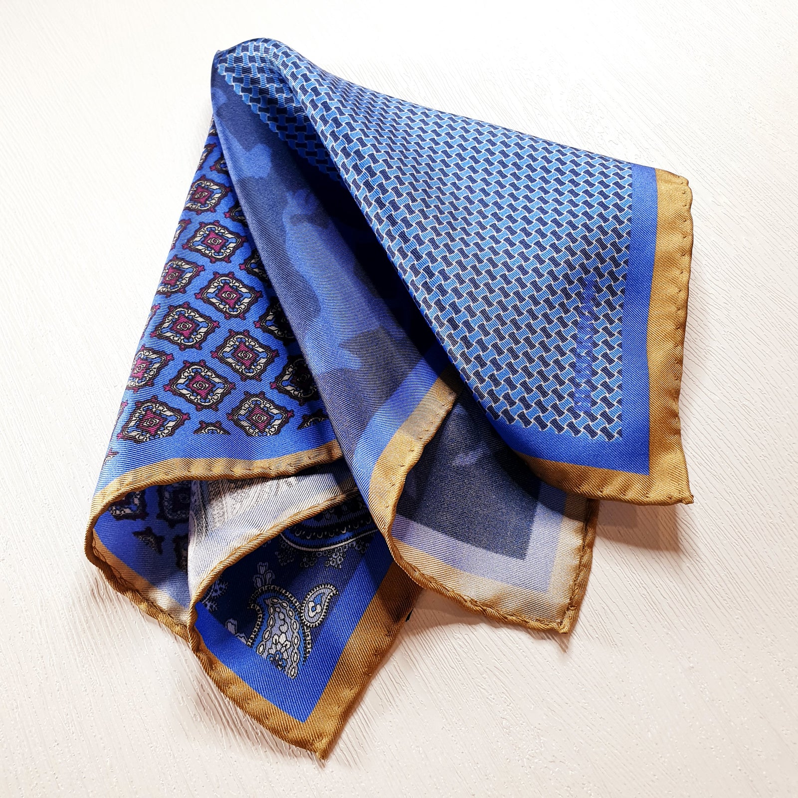 HUBERROSS 100% Silk Pocket Square PS131 Iris Blue Gallop Folded