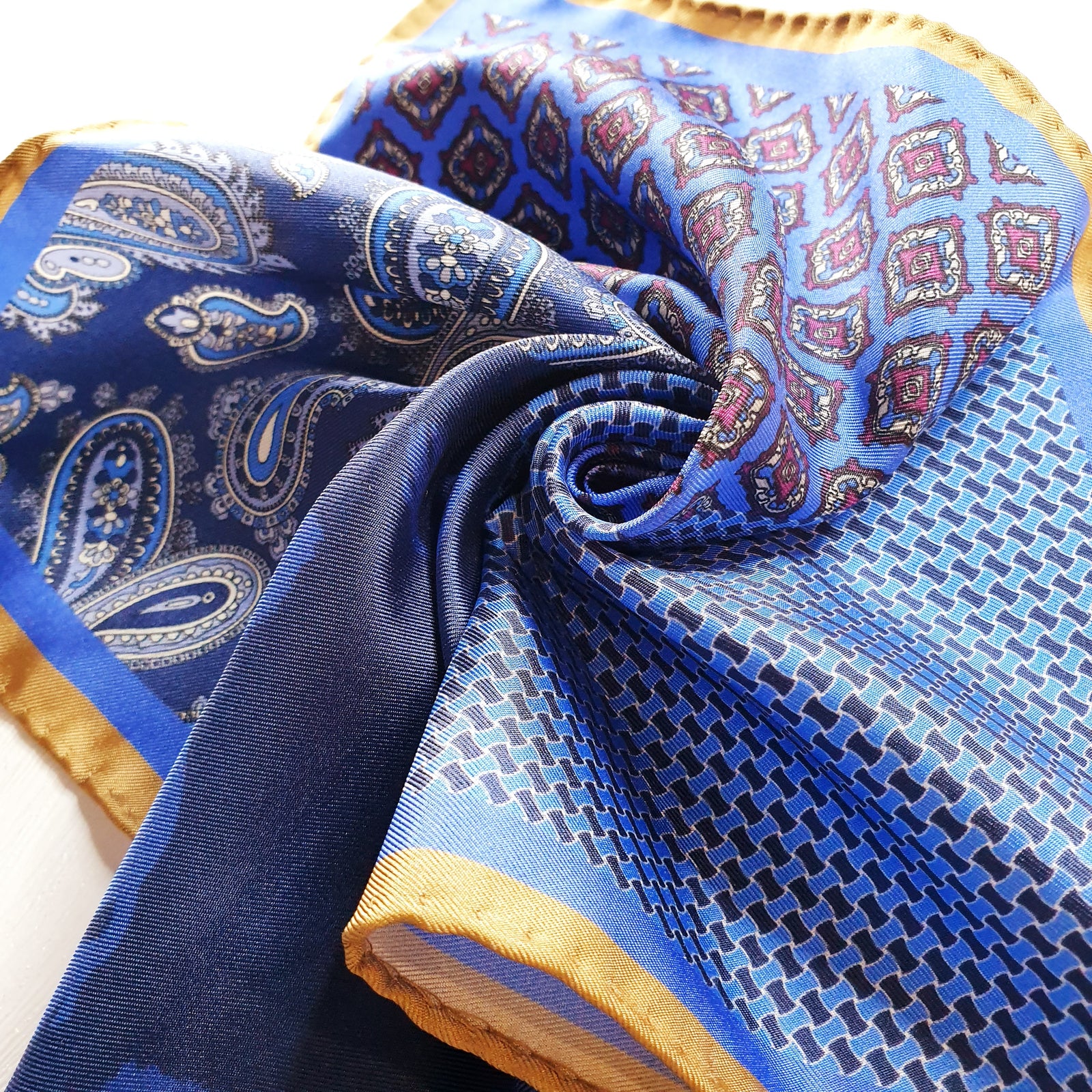 HUBERROSS 100% Silk Pocket Square PS131 Iris Blue Gallop Twirl 2