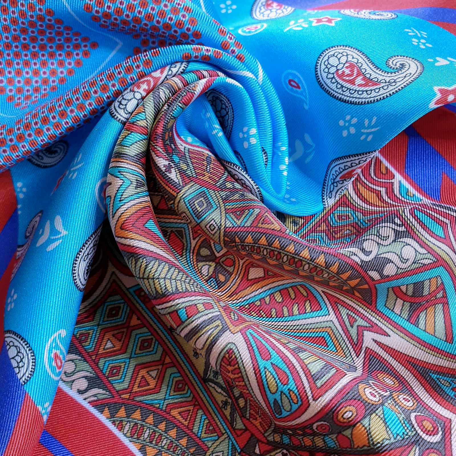 HUBERROSS 100% Silk Pocket Square PS135 Egyptian Aqua Red Twirl