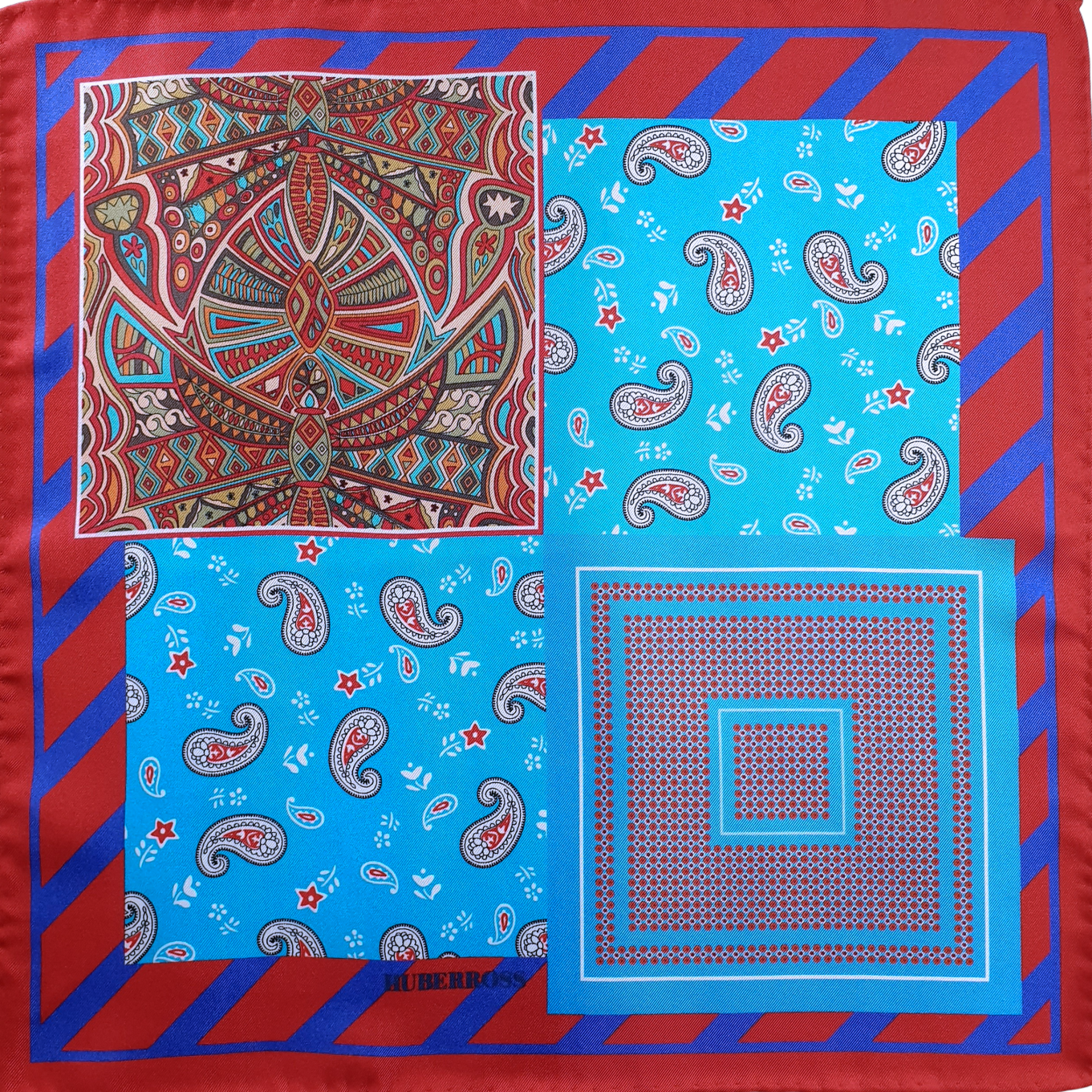 HUBERROSS 100% Silk Pocket Square PS135 Egyptian Aqua Red