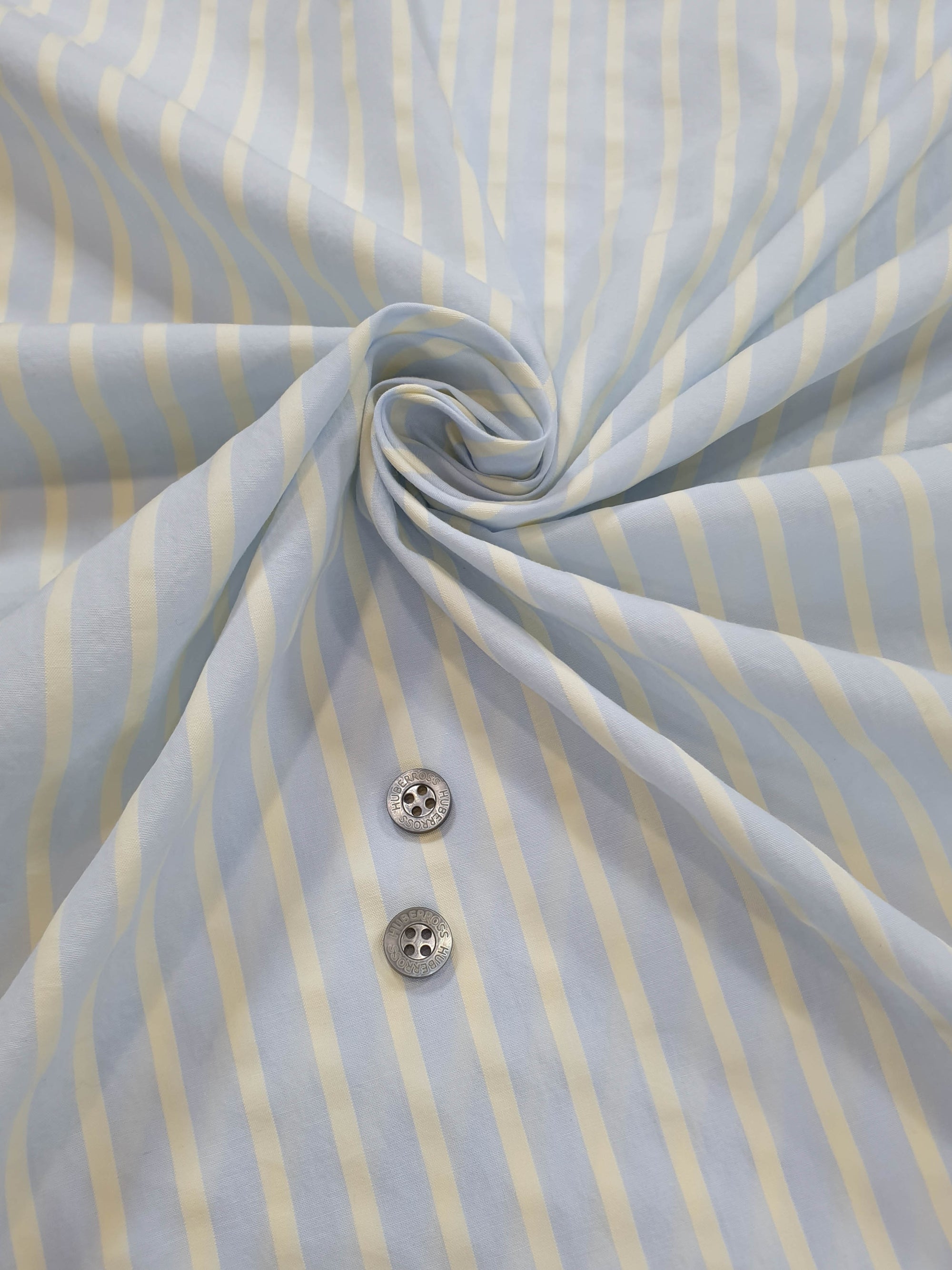 HUBERROSS Seersucker Stripes Yellow on Blue 100% Egyptian Cotton Cloth Made in Italy  Width: 58'' / 150cm