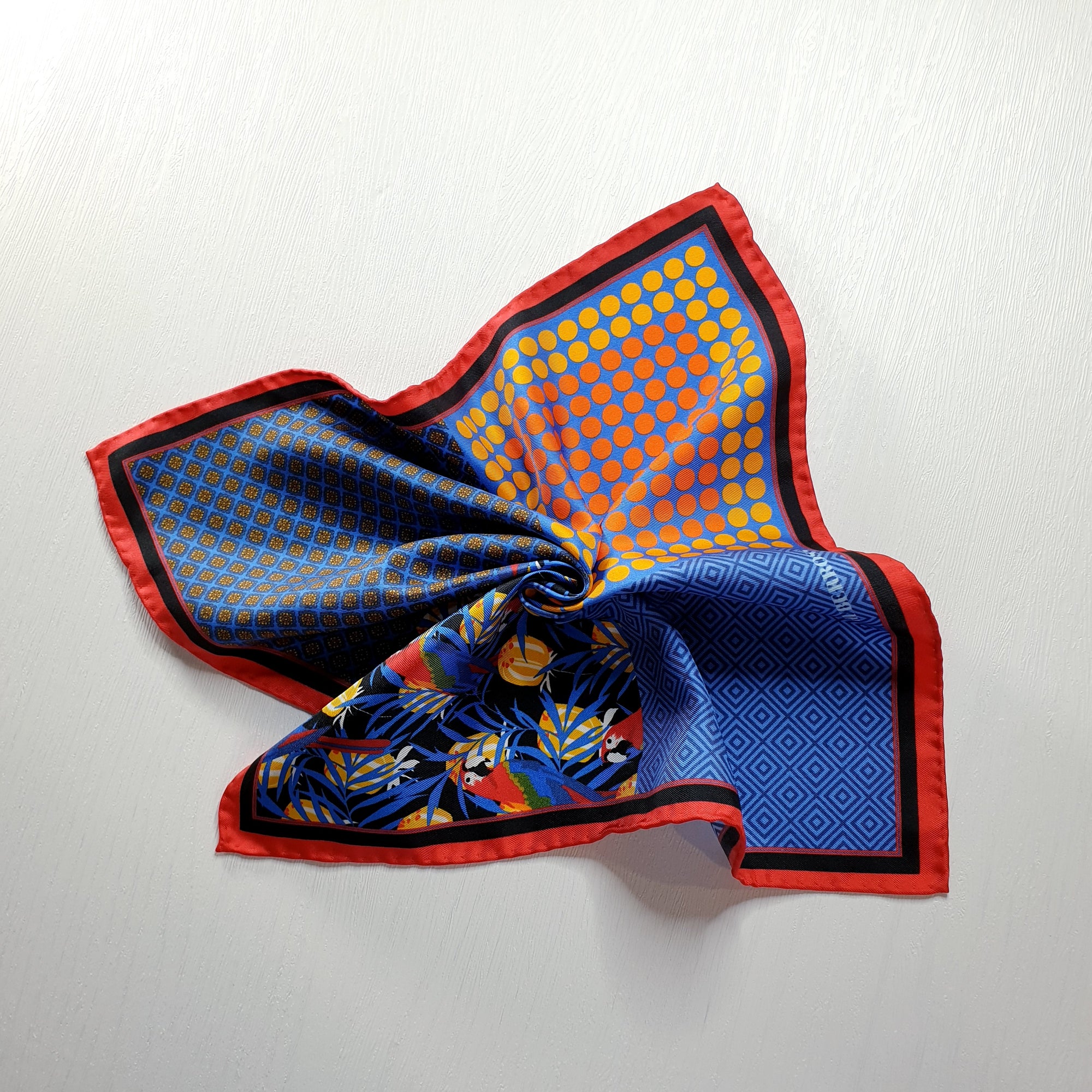 HUBERROSS 100% Silk Pocket Square PS131 Parrot and Cantaloupe  Twirl 2