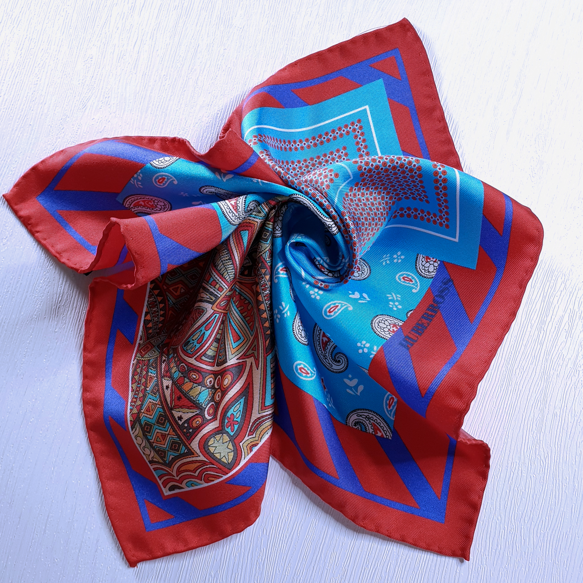 HUBERROSS 100% Silk Pocket Square PS135 Egyptian Aqua Red Twirl 2