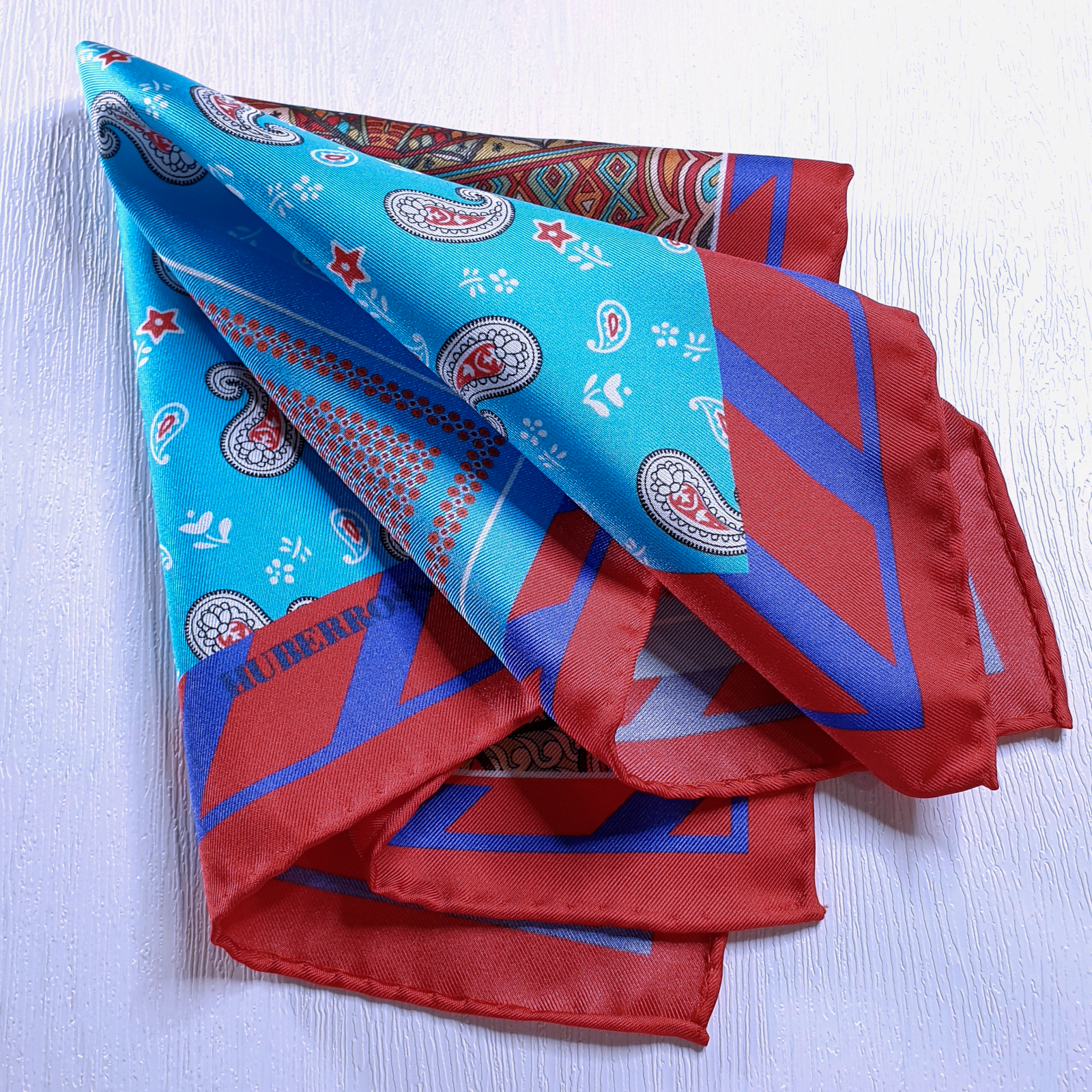 HUBERROSS 100% Silk Pocket Square PS135 Egyptian Aqua Red Folded