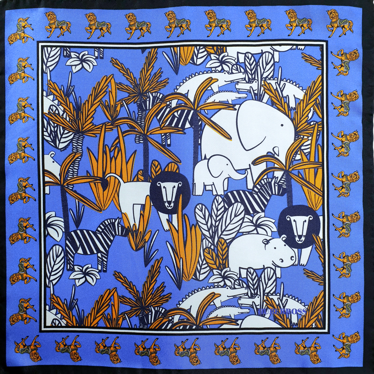 HUBERROSS 100% Silk Pocket Square PS136 Tale of the Jungle Blue