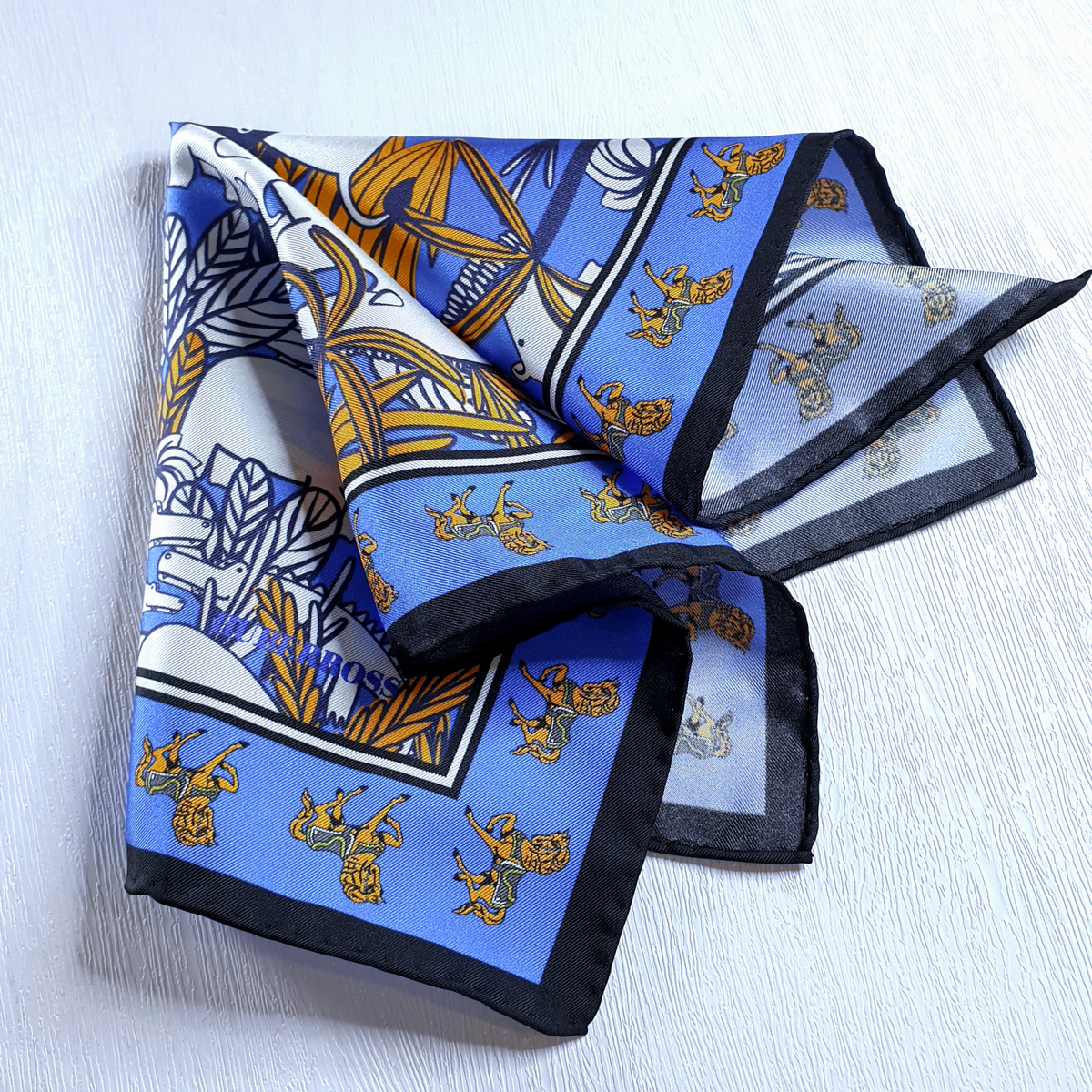 HUBERROSS 100% Silk Pocket Square PS136 Tale of the Jungle Blue Folded